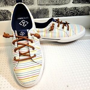 Sperry Topsider Shoes Women’s 8 White Leather Ties Memory Foam Sneakers Preppy